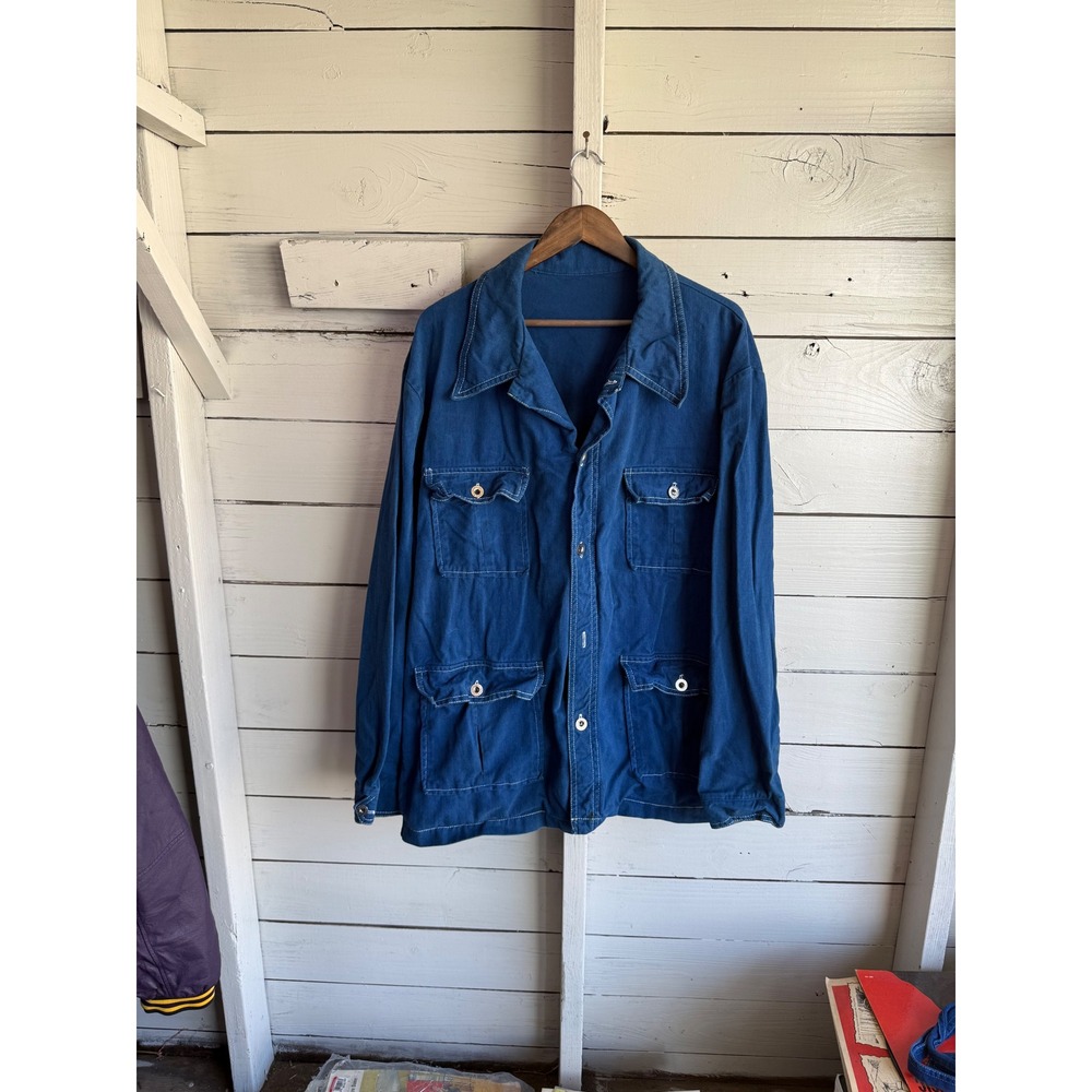 Vintage King-Size Co Blue Chore Jacket Safari Belted Workwear Cotton Twill XL